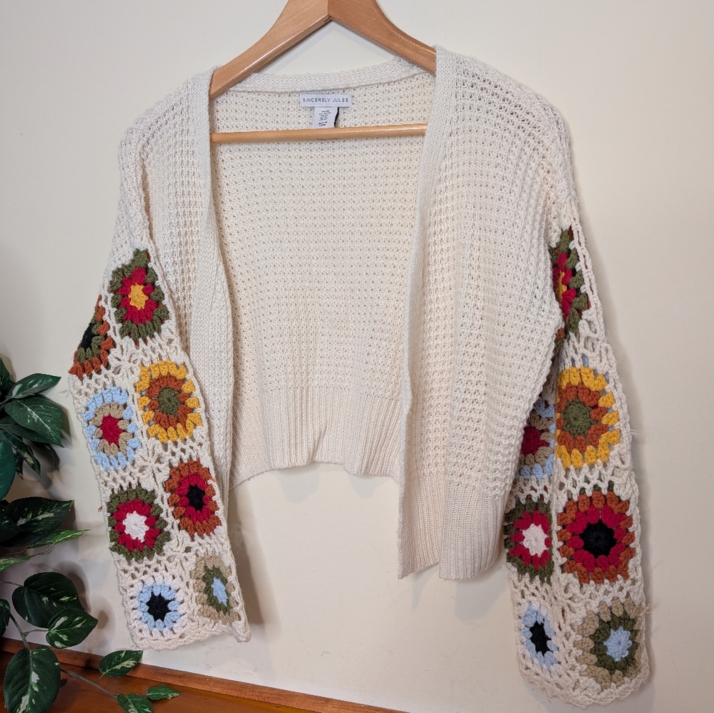 Sincerely Jules Cropped Crochet Cardigan Granny Square Sleeves Women’s X-Small - Picture 7 of 7